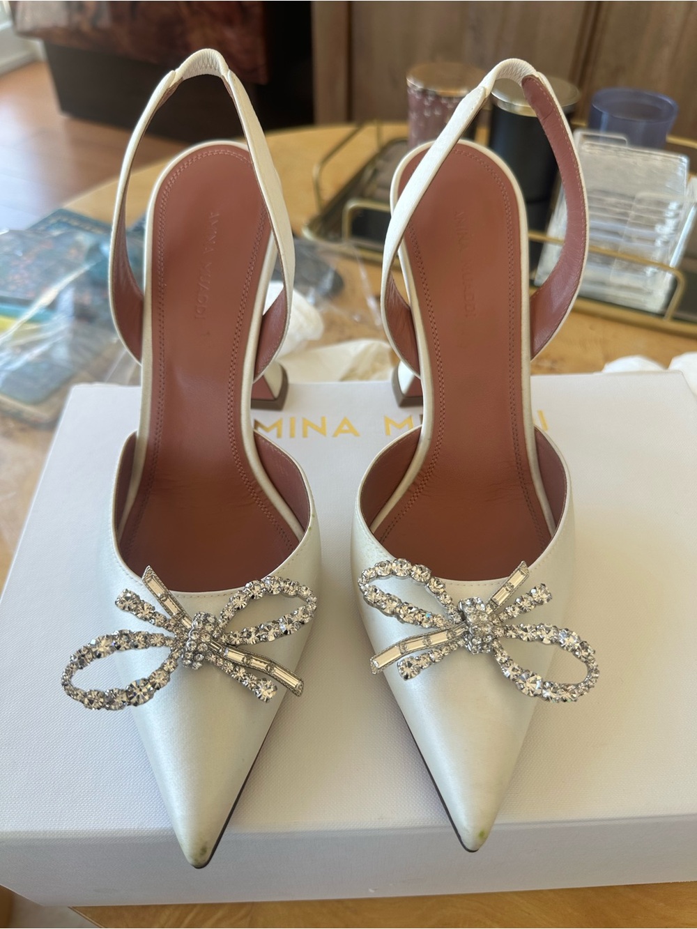 Amina Muaddi White Satin Crystal Bow Slingback Pumps “Rosie”
